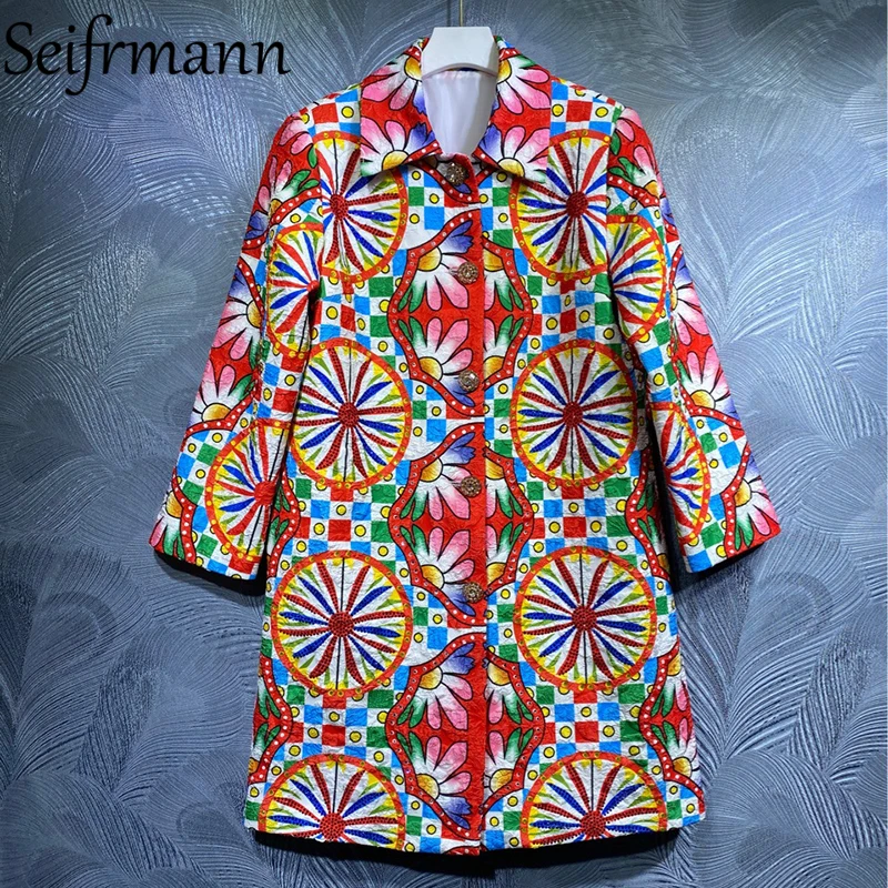 

Seifrmann New 2021 Autumn Women Fashion Runway Trench Coats Long Sleeve Gorgeous Crystal Beading Coat Jacquard Vintage Overcoat