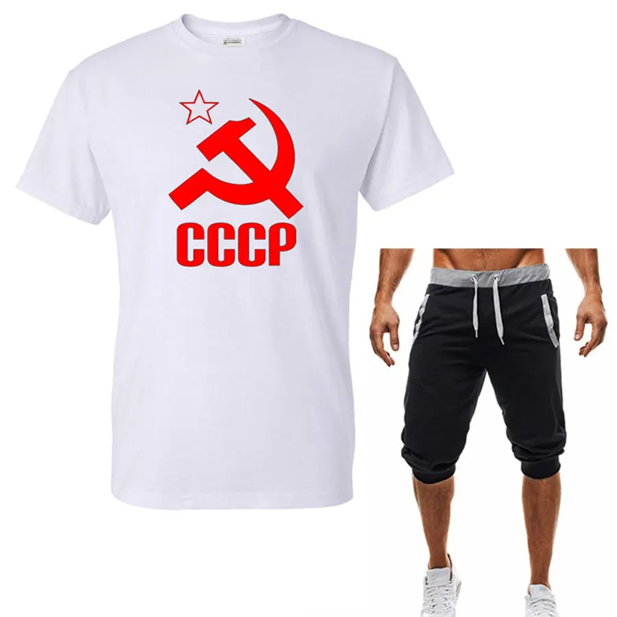 

Летняя футболка с серпом и молотом СССР Россия хлопок рукав спортивный костюм футболка + шорты мужской комплект из 2 предметов повседневная ...