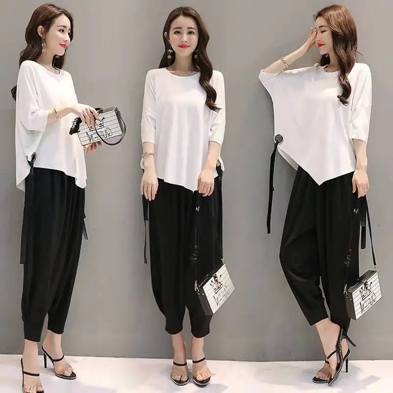 

Femme Casual Suits Summer Harem Pants 2-Piece Plus Size Solid Blouse Irregular O-Neck Tops Batwing Sleeve Black Lantern Trousers