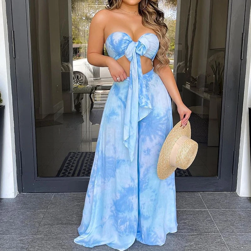 

Women Sexy Strapless Lace-up Bow Party Jumpsuit Summer Print Fashion Hollow Out Backless Wide Leg Pant Rompers Beach Overalls