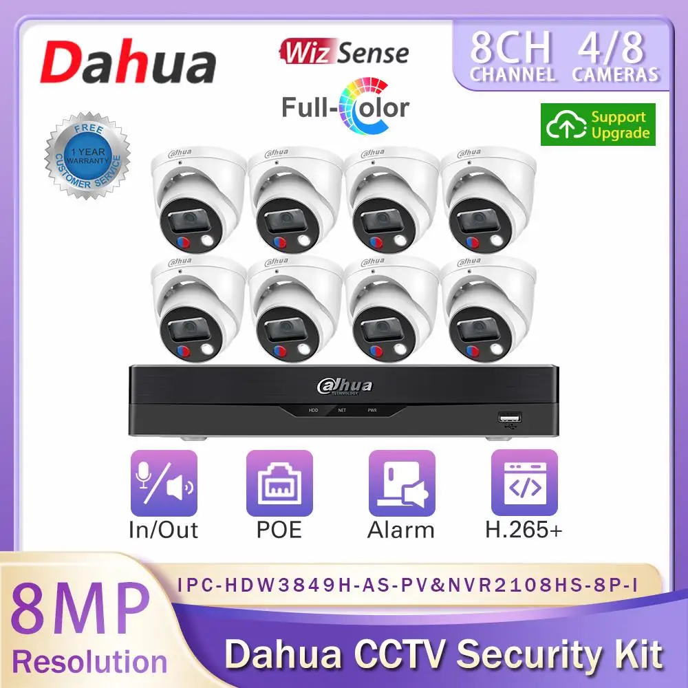 

Dahua 4K CCTV Camera Security System Kit Full Color 8MP PoE IPC-HDW3849H-AS-PV Wizsense NVR2108HS-8P-I NVR 8CH Recorder H.265+