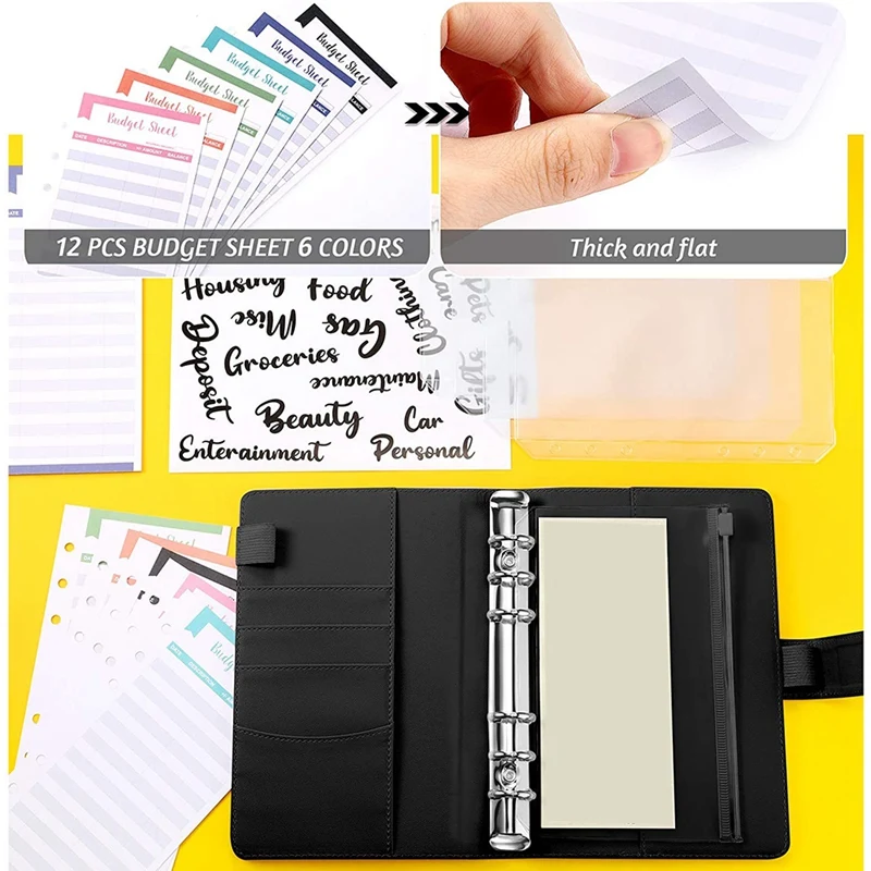 

A6 PU Leather Notebook Binder Budget, 6 Ring Binder Cash Budget Envelopes System, 12 Pieces Expense Budget Sheets
