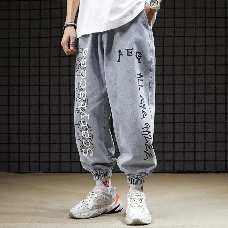Ripped Jeans Mens Embroidery Harem Pants Spring and Autumn Loose Streetwear Hip Hop Sweatpants Elastic Waist Joggers Capri Pants