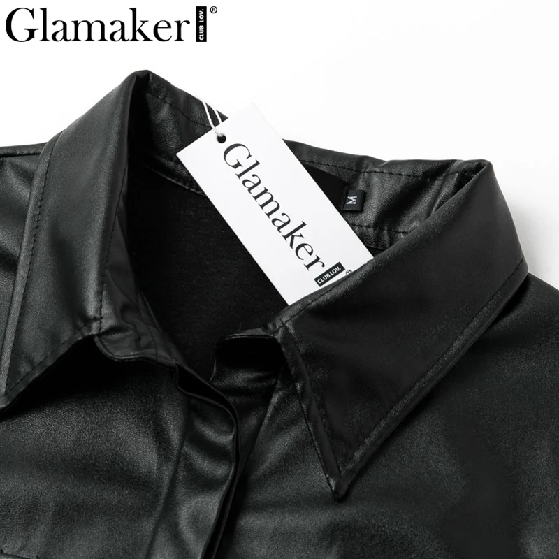Женское офисное платье Glamaker черное из искусственной кожи с карманами и коротким