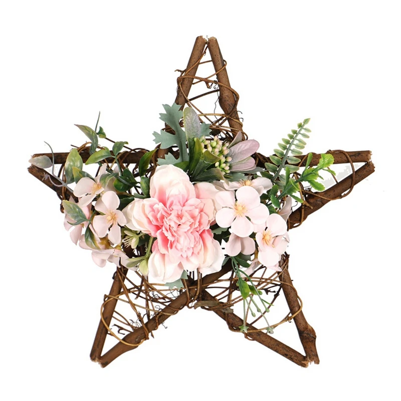 

12Inch Wreath Front Door Decoration, Star Shape Wreath with Camellia - Wood Pentagram Wreath Wall Door Hanging Wreath