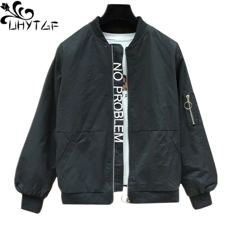 

UHYTGF Women's spring jacket fashion zipper baseball uniform loose autumn coat Female bomber short tops outerwear plus size 1499
