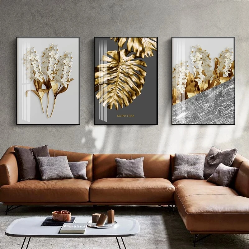 

Nordic Gouden Abstract Blad Bloem Canvas Schilderij Zwart Wit Veren Poster Prints Muur Art Foto Modern Voor Woonkamer Home Decor