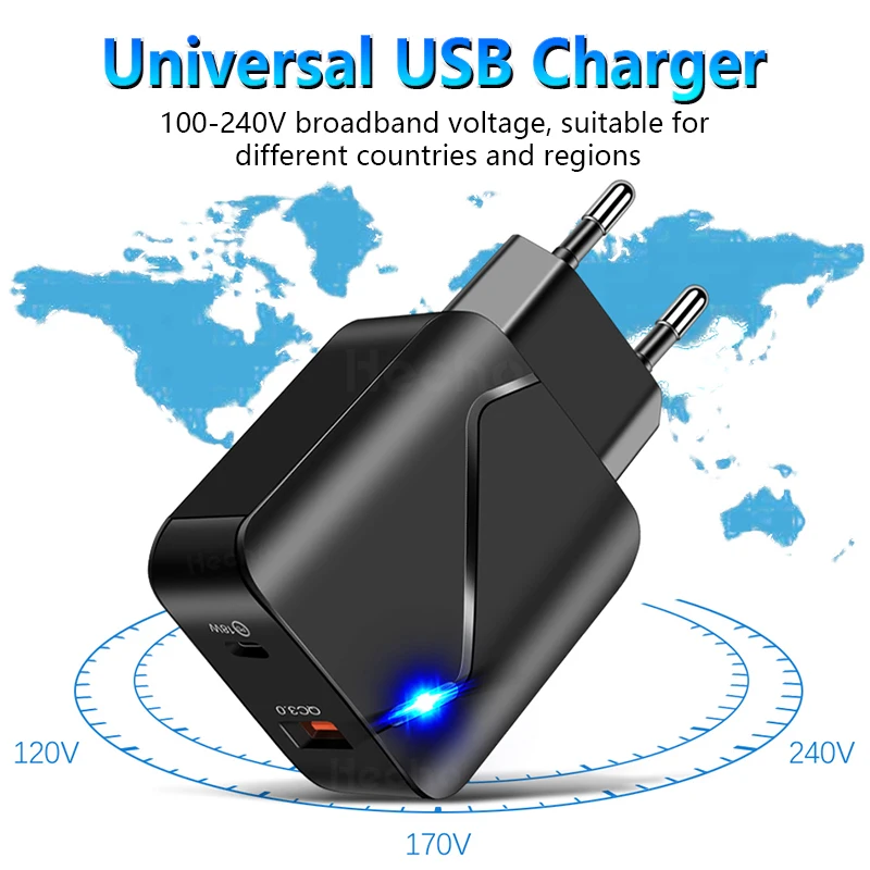 

Hecho Mobile Phone 18W Fast Charger Type USB C Charging PD Adapter For iphone 12pro xiaomi QC3.0 Wall-Mounted EU US Plug Charger