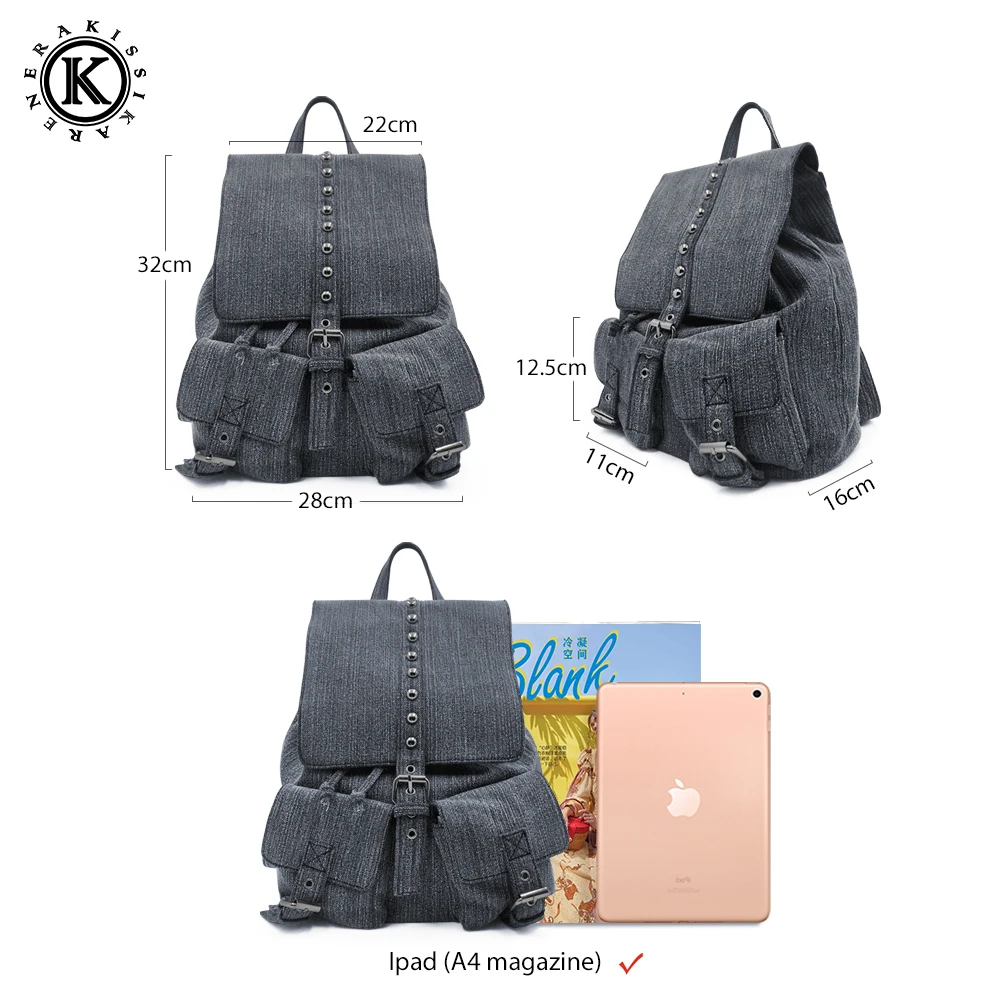 Модные женские джинсовые рюкзаки с карманами и откидной крышкой дорожные