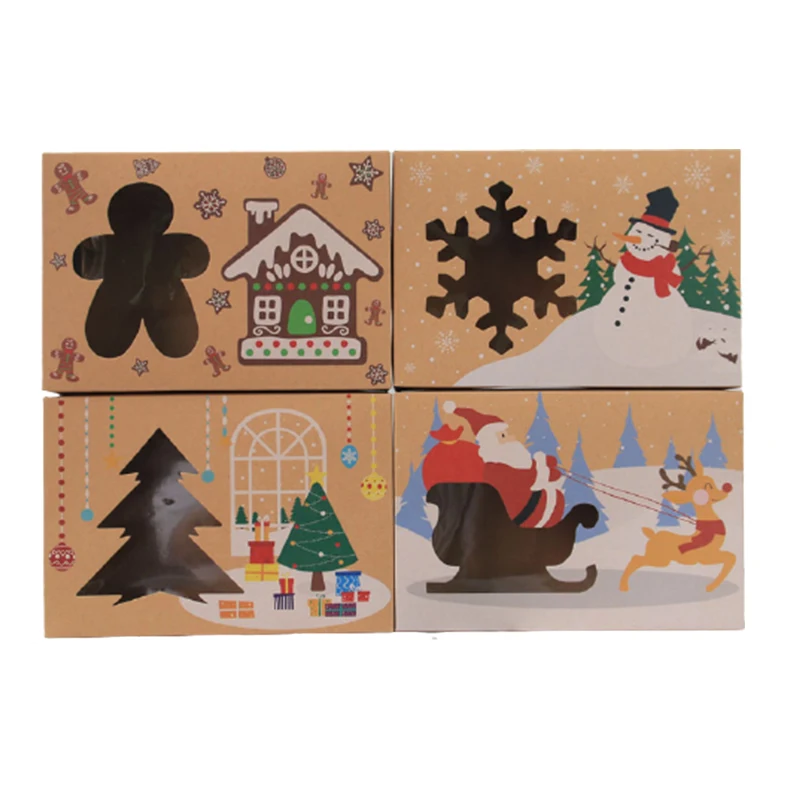 4/8/12Pcs Christmas Kraft Paper Packing Box Window Candy Boxes Gingerbread Cookie Gifts Box New Year Wedding Party Favors Decor