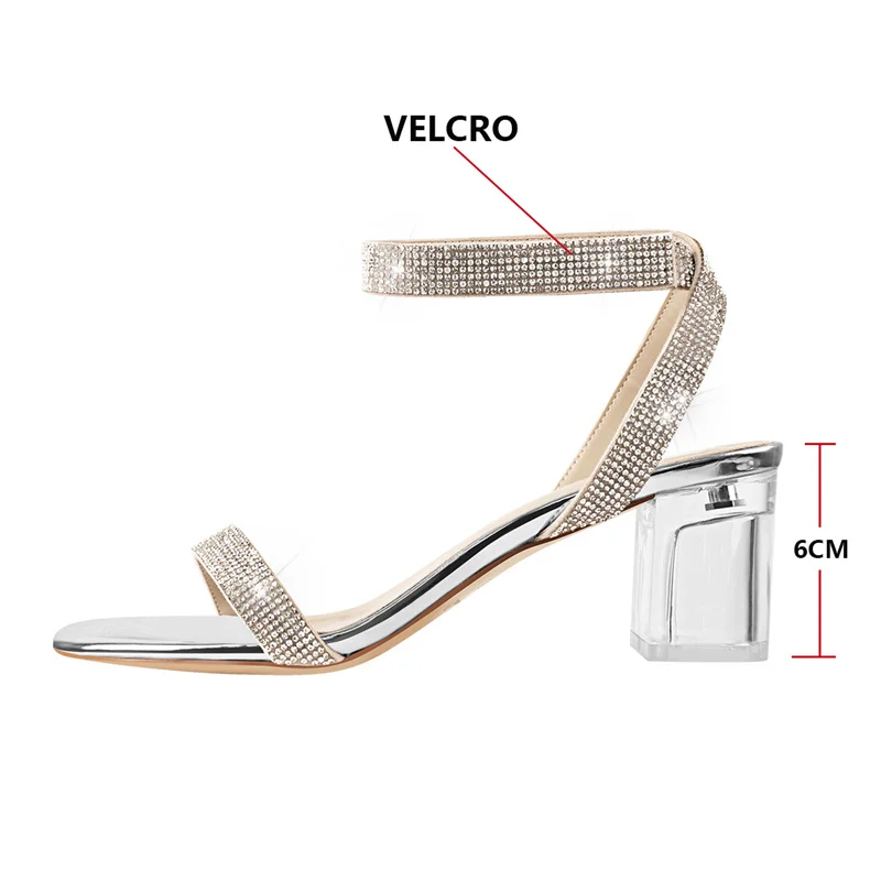 

Onlymaker Women's Fashion Clear Chunky Heel Sandals 6cm Rhinestone Studded Velcro Ankle Strap Party Prom Summer Crystal Shoes