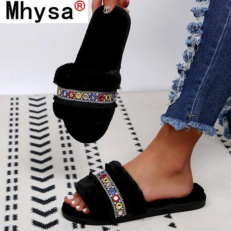 

Новинка 2021, уличные тапочки для студентов, модные пушистые домашние тапочки на плоской подошве, Нескользящие, для беременных женщин, хлопко...