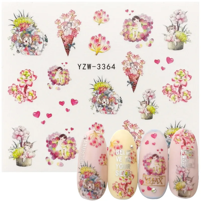 

2021 New Arrival Succulent Plants Sliders Nail Romantic Valentine for Nails Art Water Transfer Sticker Watermark Decal Manicure