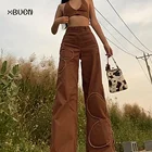 Джинсы XBUEN Женские винтажные с высокой талией, модные брюки из денима с широкими штанинами, коричневые повседневные Прямые Штаны, уличная одежда, 2021