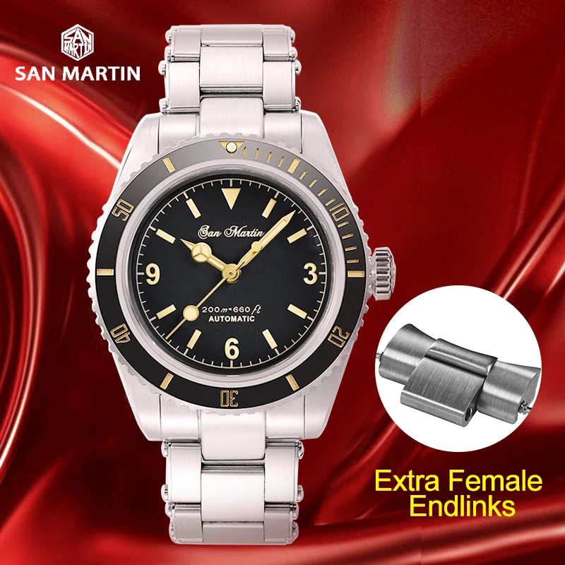 

Мужские Винтажные механические часы San Martin 6200, черный циферблат, сапфировое стекло YN55A, автоматическое движение, мужские светящиеся фотообо...
