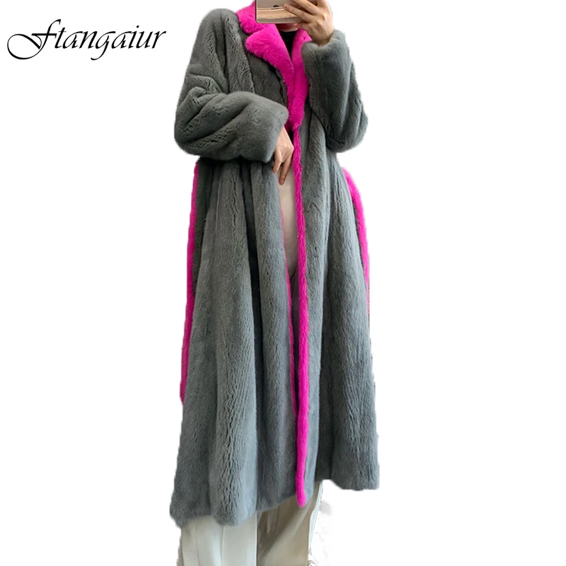

Ftangaiur Winter Import Crown Velvet Mink Coat Turn-Down Collar Sashes Mink Coat Women X-Long Real Natural Mink Fur Coats