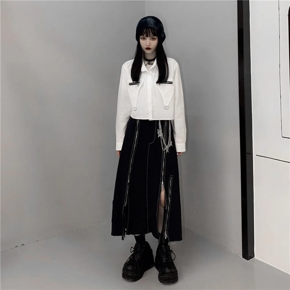 

High Street Fashion Two Piece Sets Hipster Designer Creative Casual Zipper Solid Color Split Fork High Waist Lapel Long Sleeve