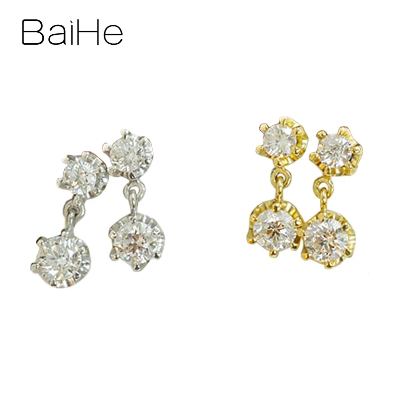 Серьги гвоздики BAIHE из натурального белого золота 14 к H/SI с натуральными