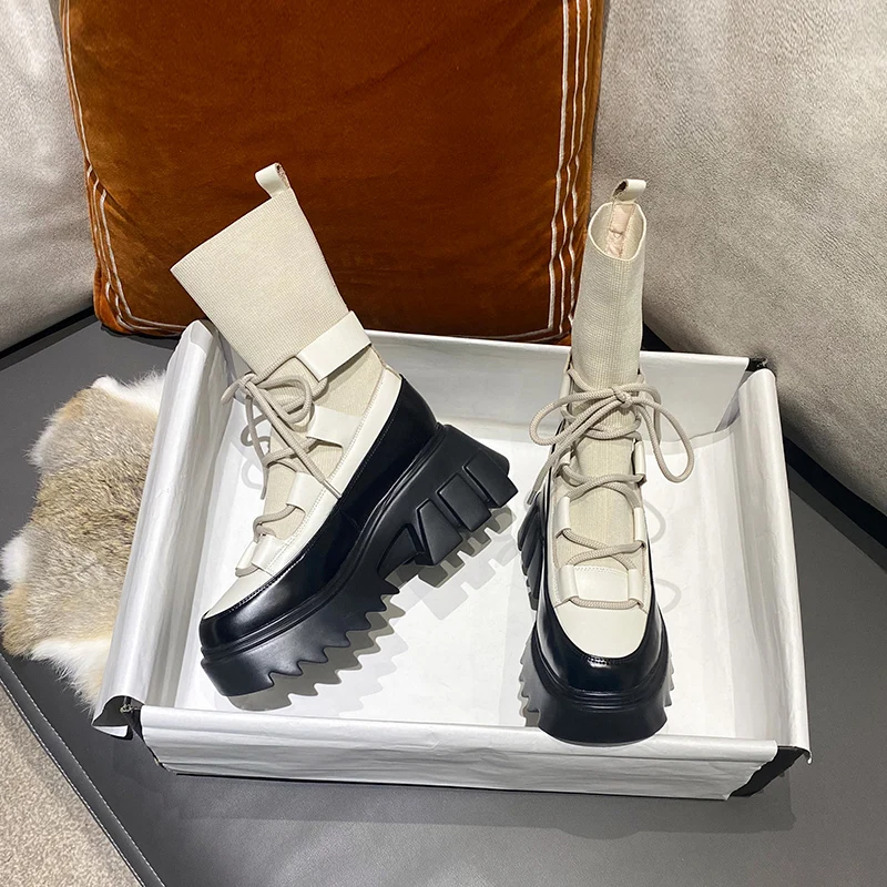 Женские ботинки на платформе ADBOOV высокие модные из натуральной кожи толстой