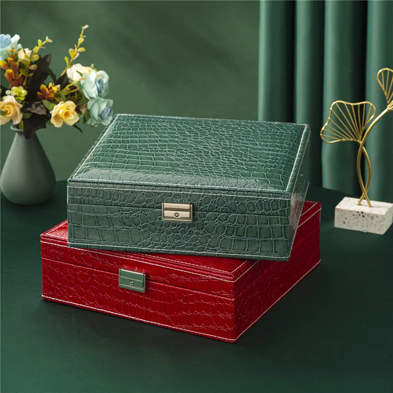 Большой двухслойный органайзер для ювелирных изделий с тиснением под крокодила