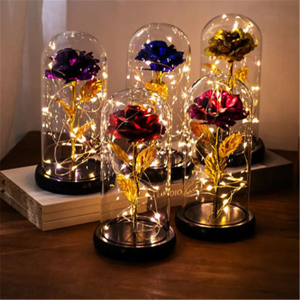 

2021 LED Enchanted Galaxy Rose Eternal 24K Gold Foil Flower With Fairy String Lights In Dome For Christmas Valentine's Day Gifts