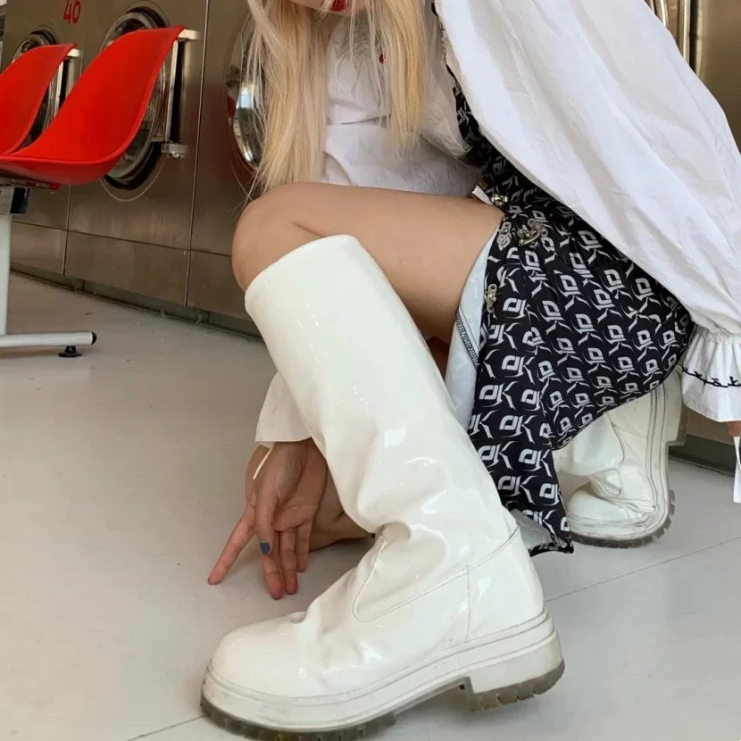 

Women's White Knee High Boots Round Toe Med Heels Slip-on PU Leather Shoes Wide Thick Bottom B146