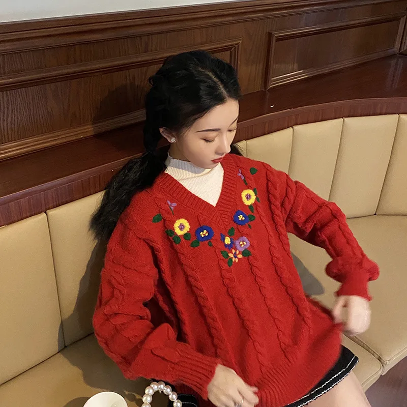 Новинка осень/зима свитер с длинным рукавом ручной вышивкой Свободный Вязаный