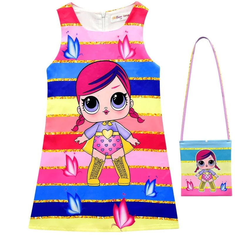 

2pcs/set Lol Surprise Doll New Fashion Cartoon Girls Dress Summer Dress with Bag Suit A-line Skirt Girls Boutique Outfits
