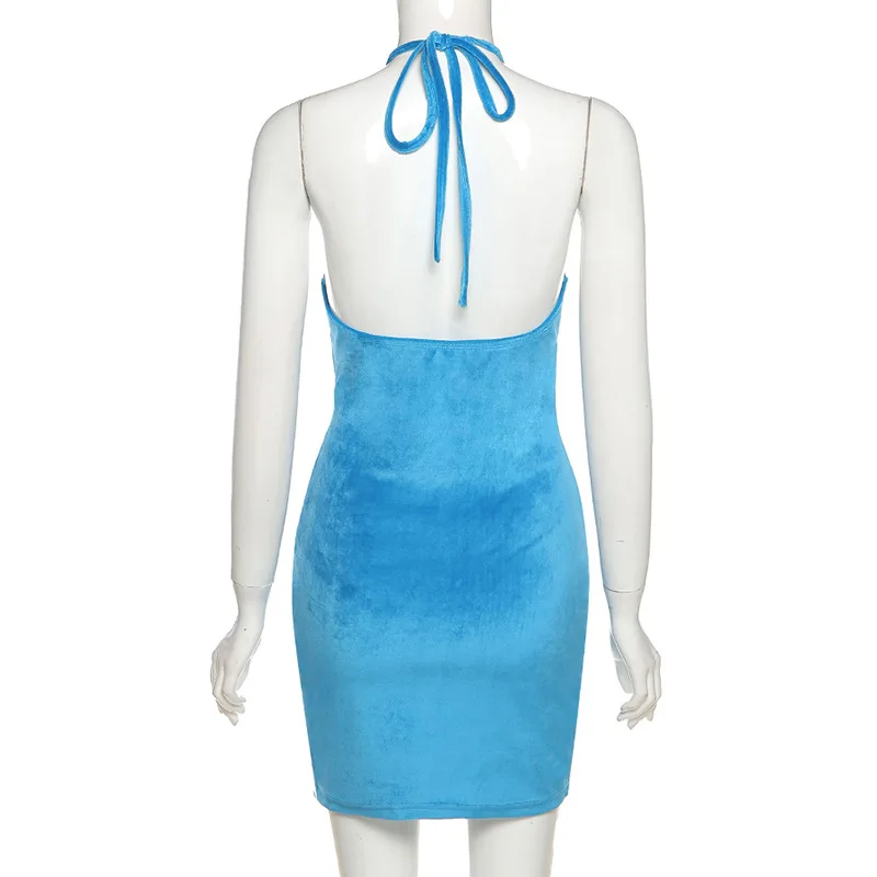 

Velvet Cut-Out Halter Dress Bodycon Women Sleeveless Backless Mini Dress Summer Off Shoulder Beach Dresses Streetwear Vestido