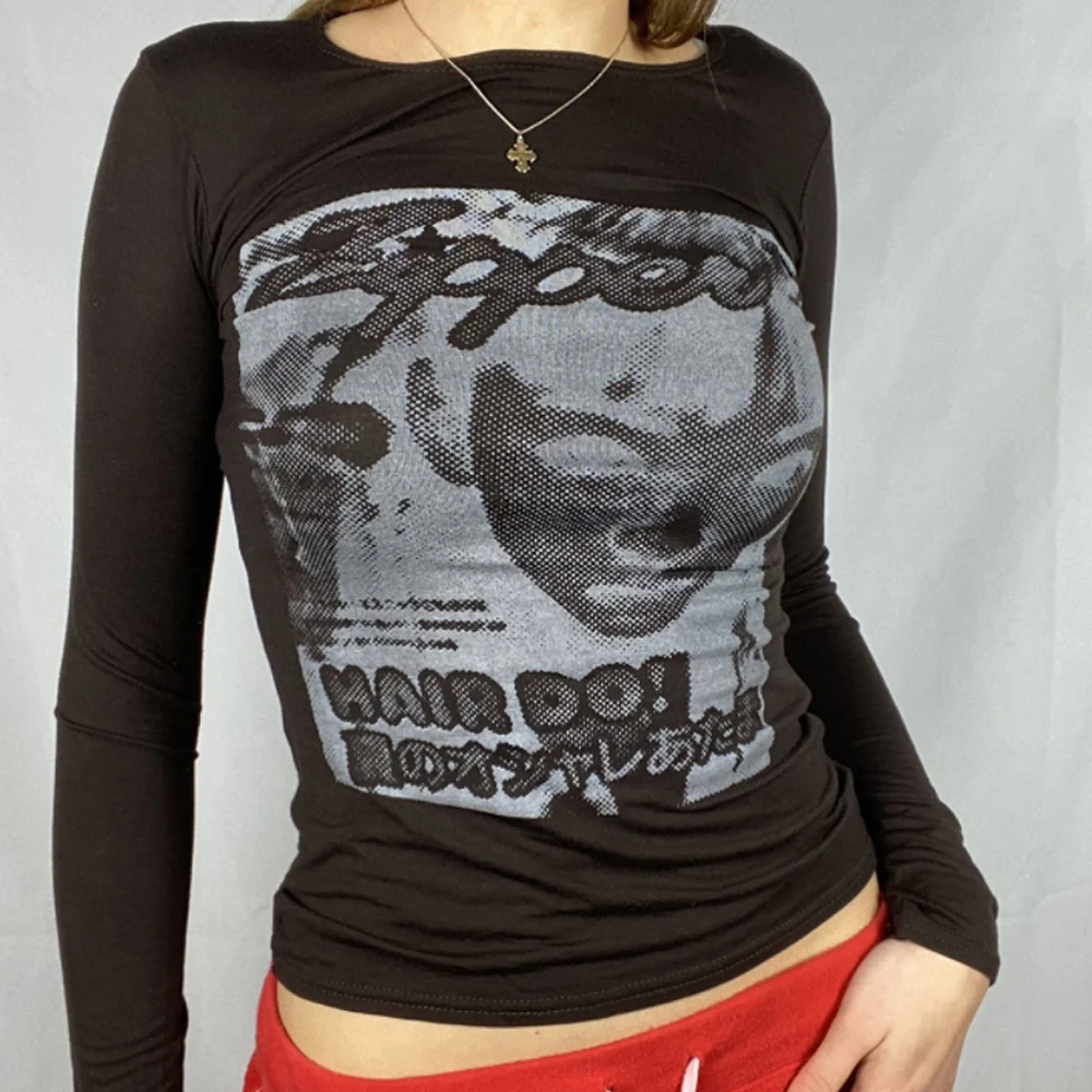 Винтажная футболка в стиле Харадзюку с графическим принтом 90-х длинным рукавом Y2K