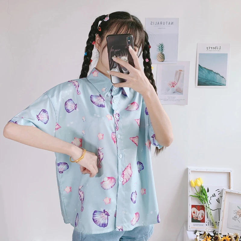 Женские летние рубашки Kawaii Ulzzang милая Повседневная Свободная футболка с принтом