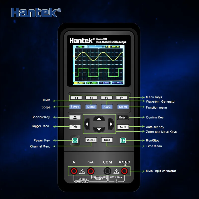 Hantek Портативный Осциллограф портативный цифровой осциллограф 2D72 2d42 2c423 в 1 250MSa/S генератор сигналов мультиметр 2 канала