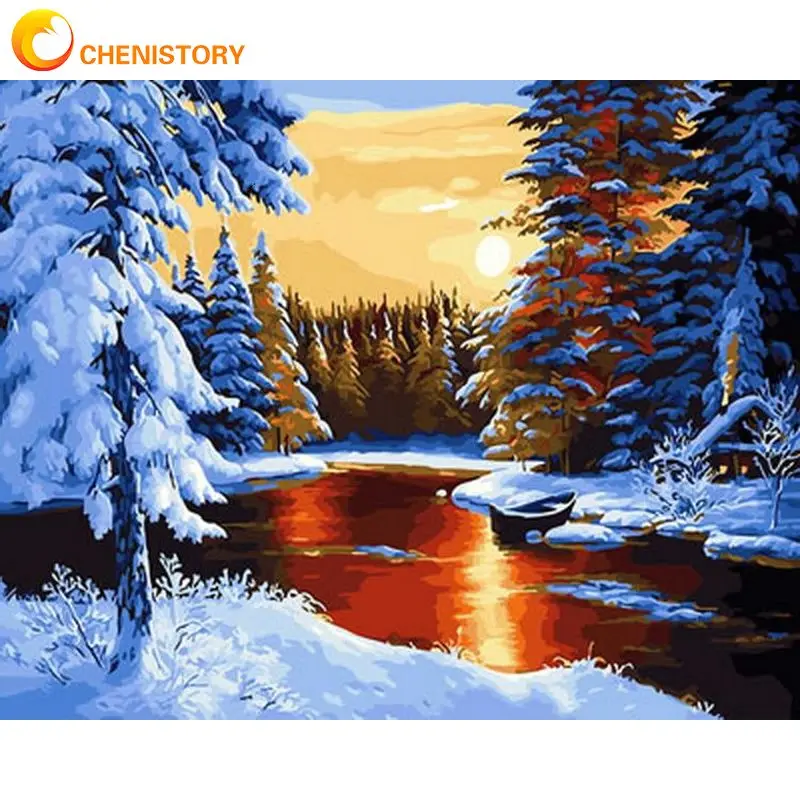 

CHENISTORY 60x75cm Frame DIY Painting By Number Snow Landscape Wall Art Picture By Numbers Acrylic Paint On Canvas Home Decors