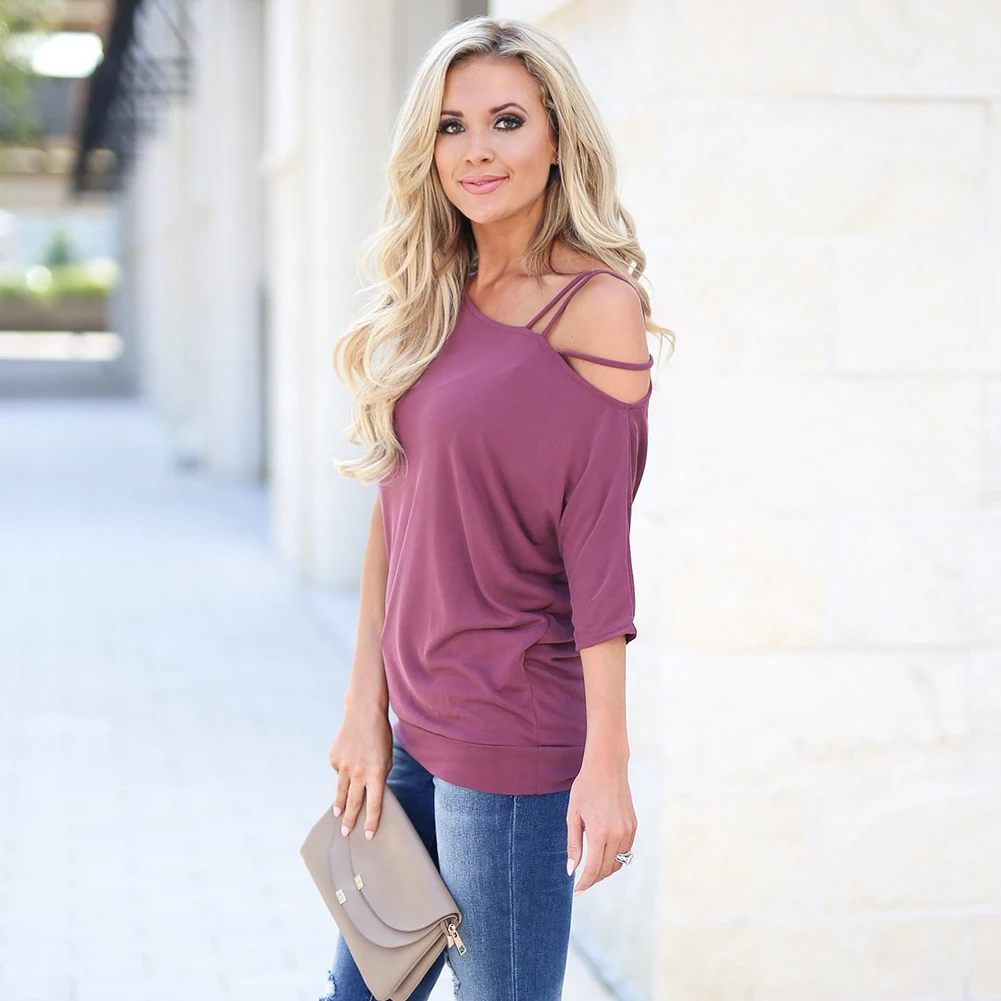 Solid Pullover Sexy T Shirt Loose Fashion One Cold Shoulder Ladies Gift Casual Women Blouse Tops Summer Half Sleeve |