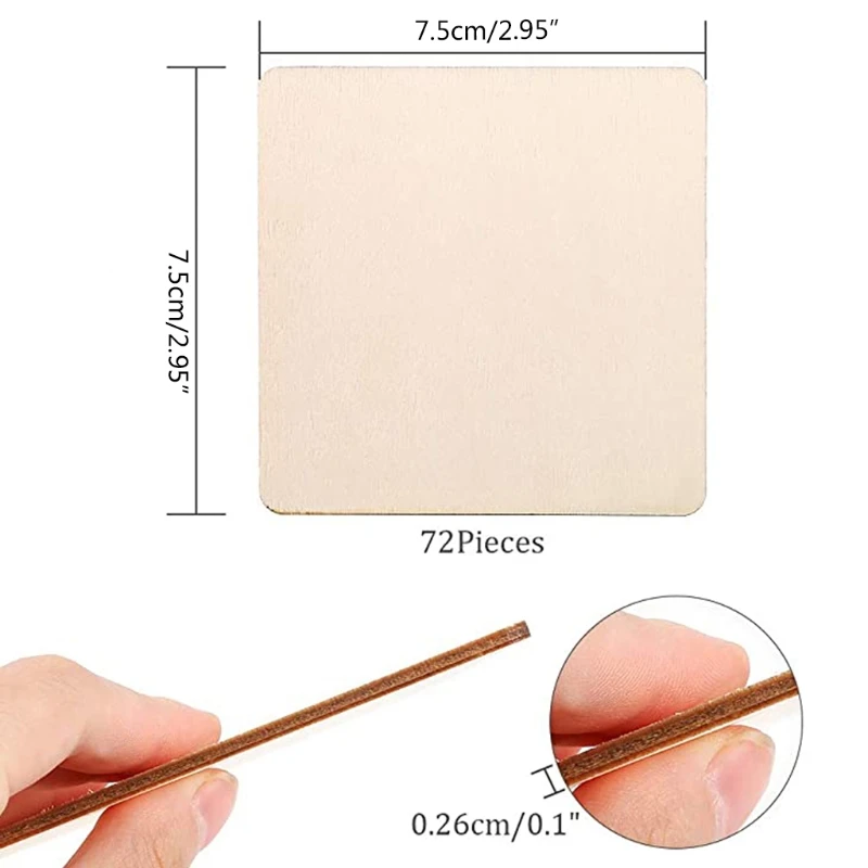 

72Pcs Unfinished Square Wood Slices Blank Crafts 4 x 4 Inch for Coasters Painting Writing Photo Props and Decorations W3JA