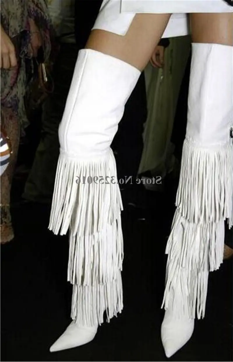 

Pointed Toe Suede Leather Over Knee Long Tassels Boots Black White Brown Fringes High Heel Long Boots Charming Women Fashion