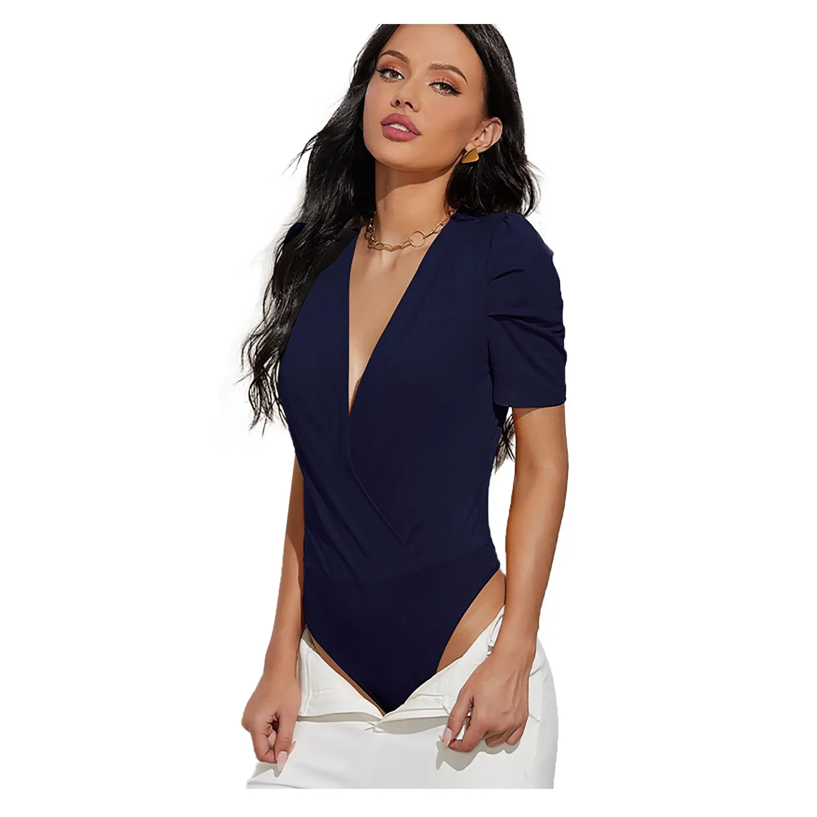 

Women's Bodysuits Deep V- Neck Solid Color Sexy Summer Body Mujer Sling Short Sleeve Bodysuit Female Bodycon Bodysuit 2021