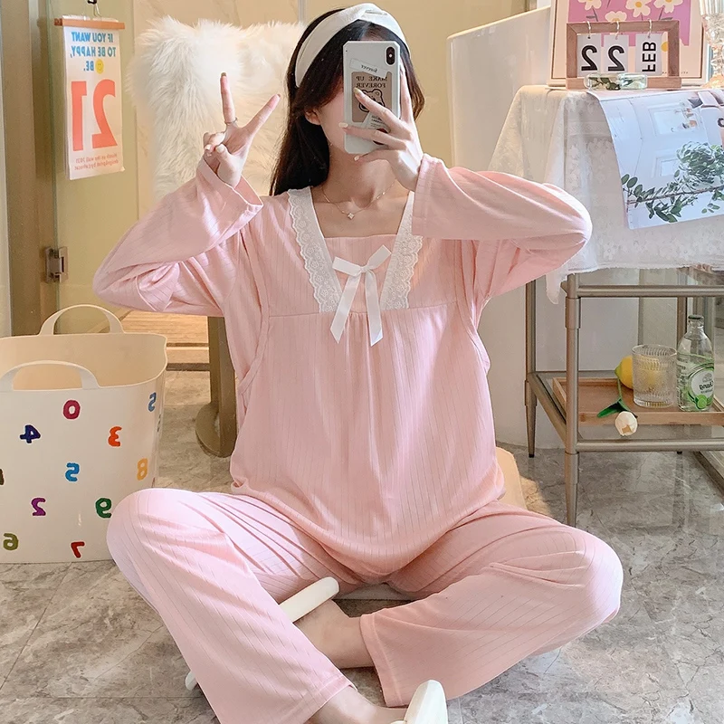 Осенняя Пижама для беременных одежда сна кормящих матерей Женская грудного