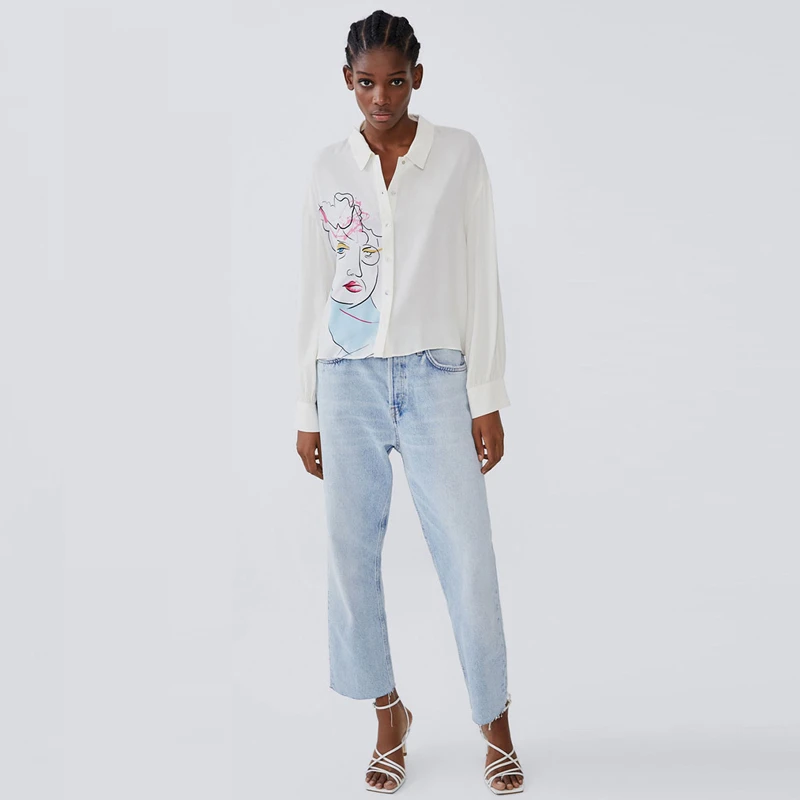 KISSMILK 2020 Design Lapel Character Print White Plus Size Long Sleeve Pleated Loose Printed Shirt |