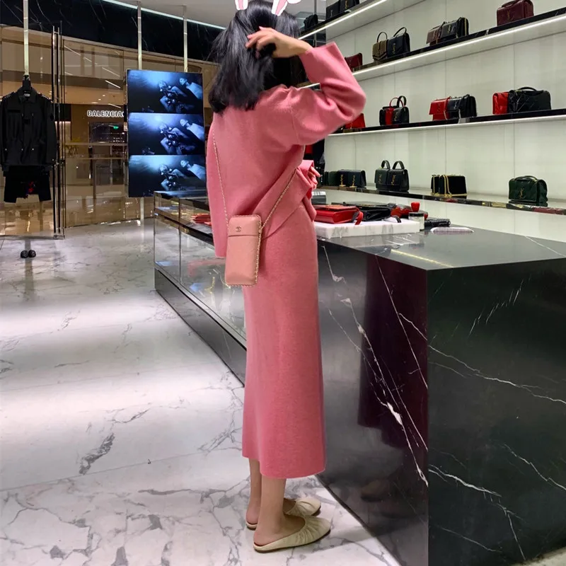 Элегантный женский однотонный кашемировый свитер юбка Женский комплект 2 шт.