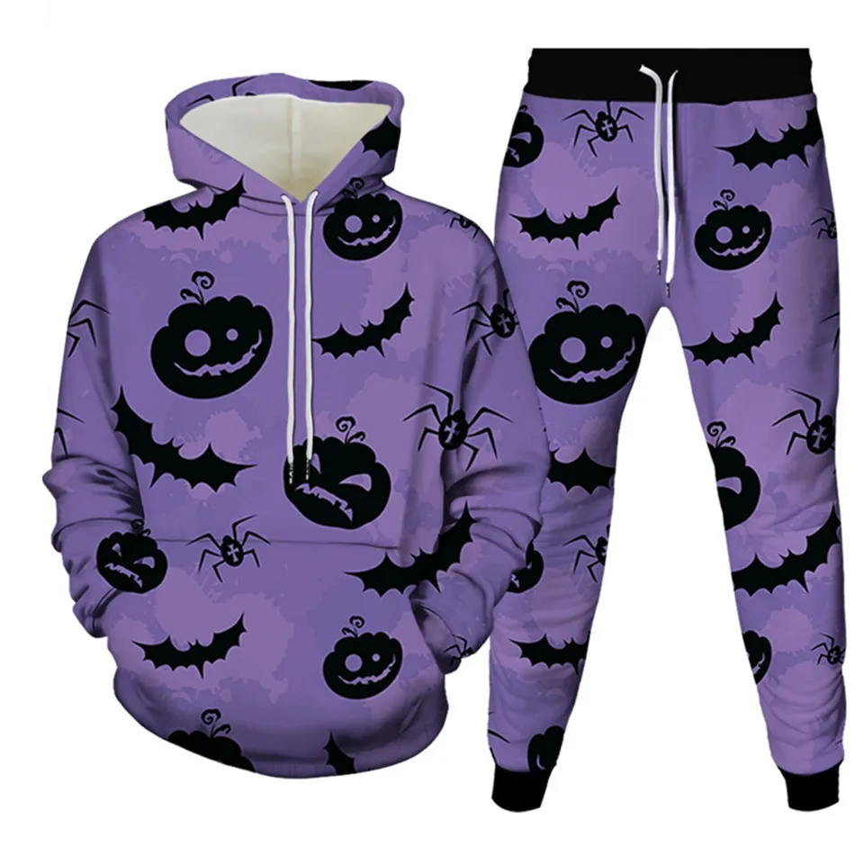 

Men Punk Holloween Pumpkin Lantern Bat Print Outfits Set Long Sleeve Hooded Pullovers+Trouser 2 PieceSet Women Tracksuits S-6XL