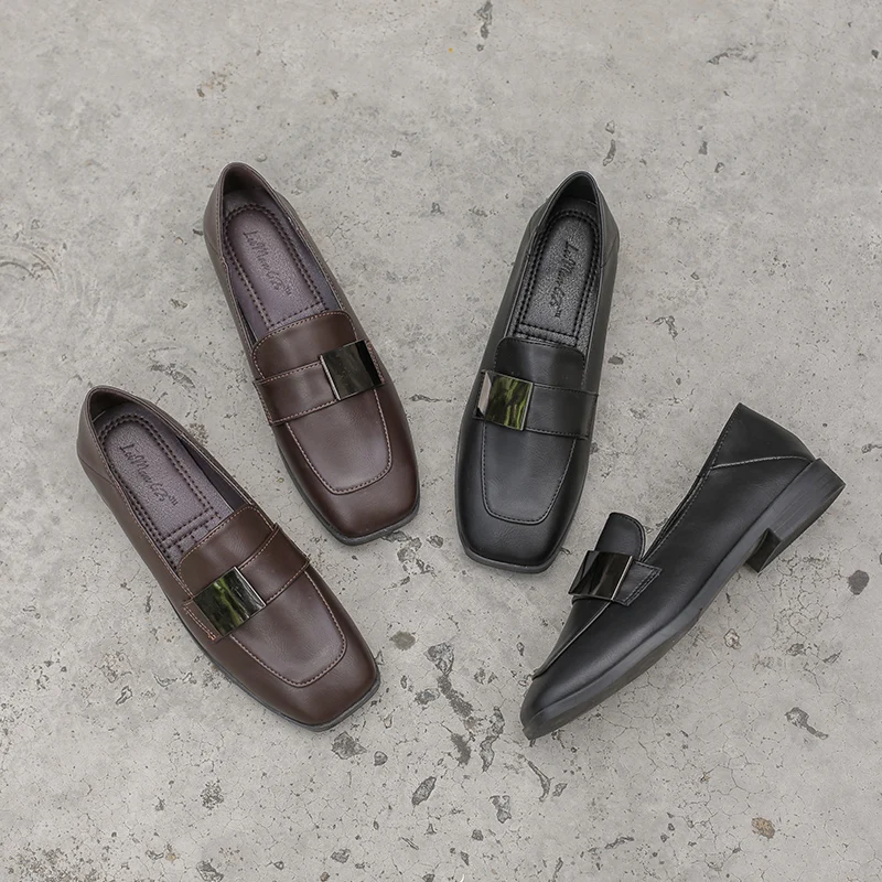 

Summer Shoes Ladies British Style Women's Heels Loafers With Fur Slip-on Oxfords Female Footwear Square Toe Soft All-Match Casua