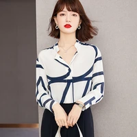 autumn korean fashion women lines printing silk blouses shirts elegant office lady slim shirt tops blusa