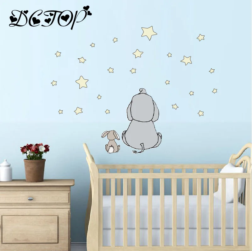 Cute Cartoon Nursery Elephant and Rabbit Wall Decals DIY Stars Stickers For Kids Baby Room Home Decortion Funny Art Vinyls Mural | Дом и сад