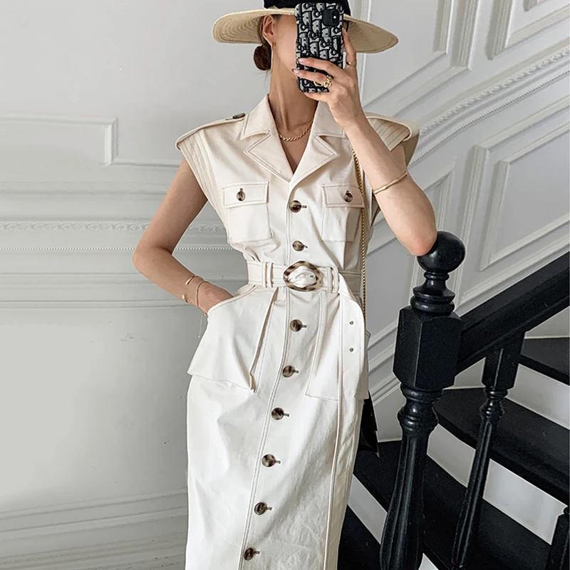 

Корейский Шикарный ретро темпераментный костюм воротник Множество Карманов дизайн однобортное на шнуровке талии тонкое платье без рукаво...