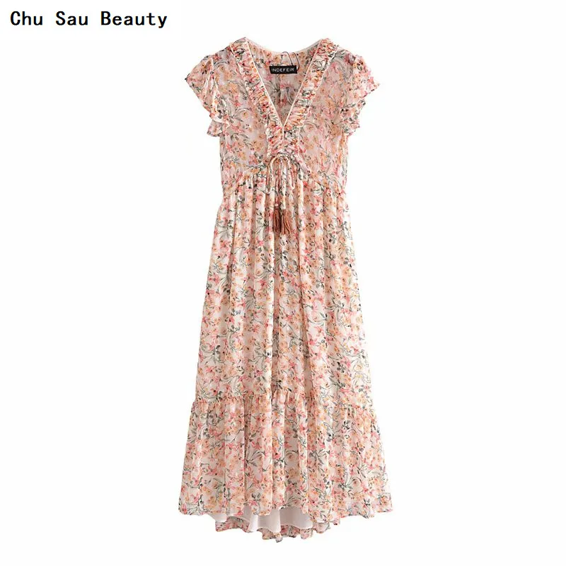 

Chu Sau Beauty 2021Summer Printed Chiffon Ruffled Sleeves Drawstring Loose Casual V-Neck Beach Skirt Women's Midi Holiday Dress