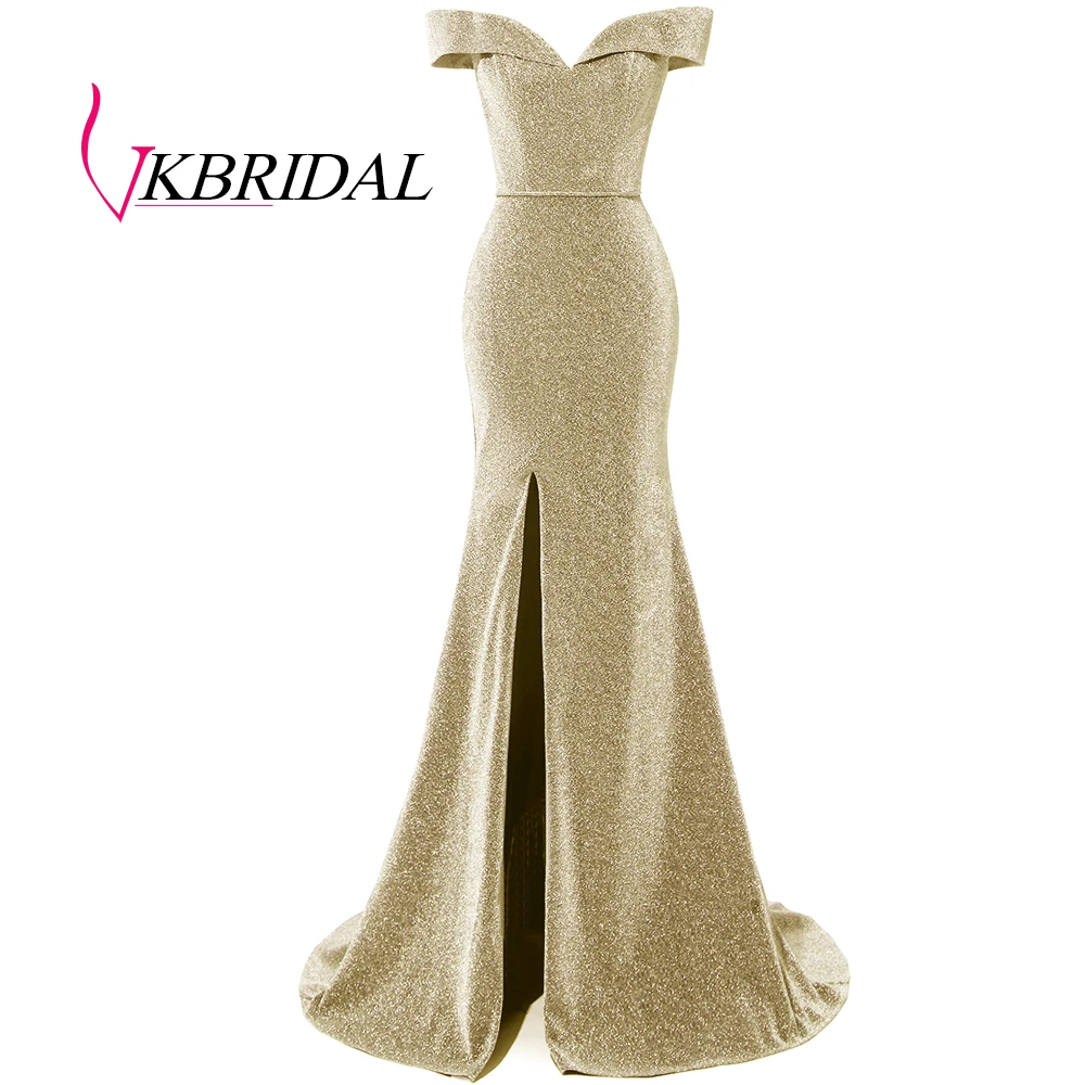 Золотой VKBRIDAL серое вечернее платье с открытыми плечами сексуальное блестящее платье с разрезом для выпускного вечера - Цвет: Золотой
