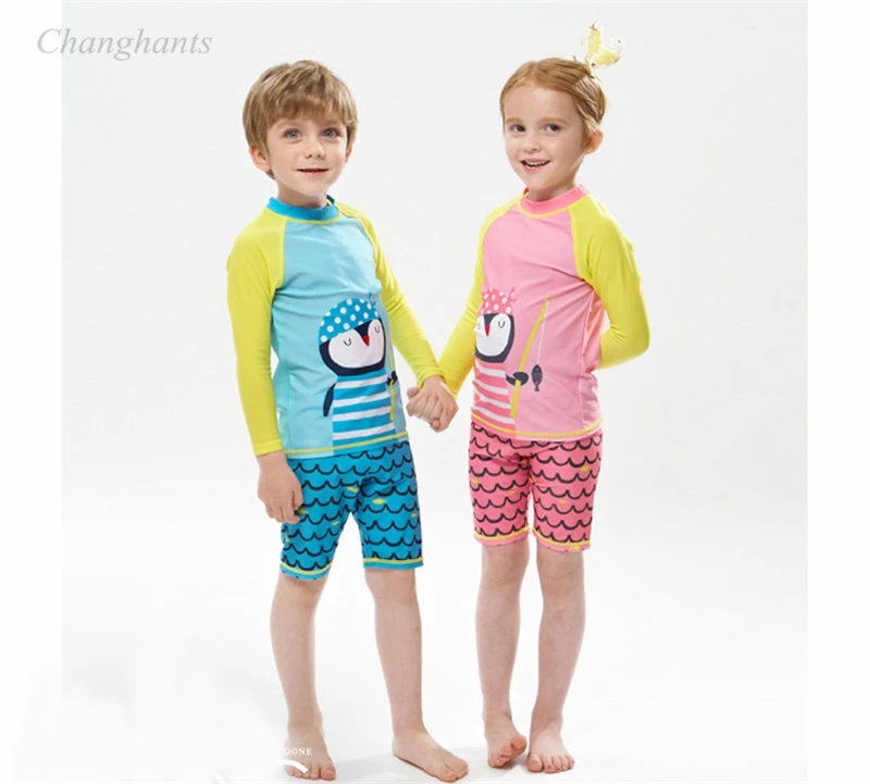 

New Model 2-10 Y Girls Two Pieces Swimwear Boy Light Blue Rash Guard Children Long Sleeve Surfing Wear Kids Pink Sandy Beachwear