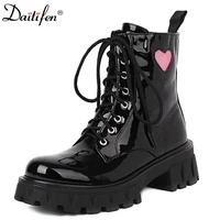 daitife round toe patent leather flat short tube womens low heel platform martin boots lace up ankle boots womens boots