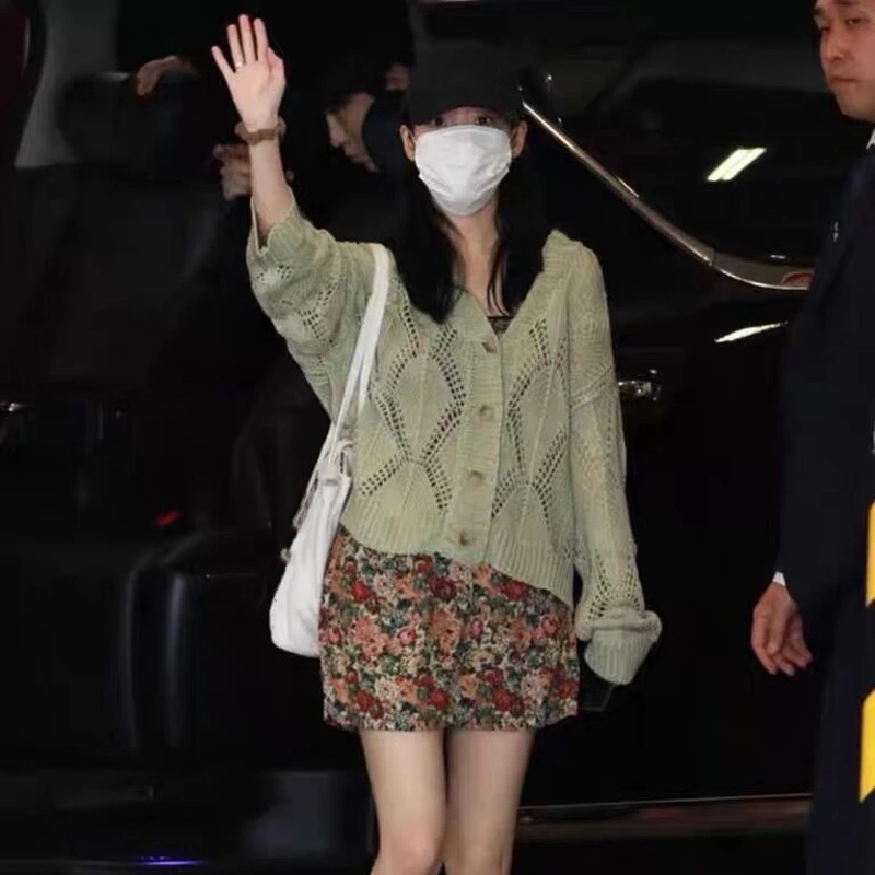 Kpop IU Lee Ji Eun Летний милый зеленый кардиган с вырезами вязаный свитер пальто +